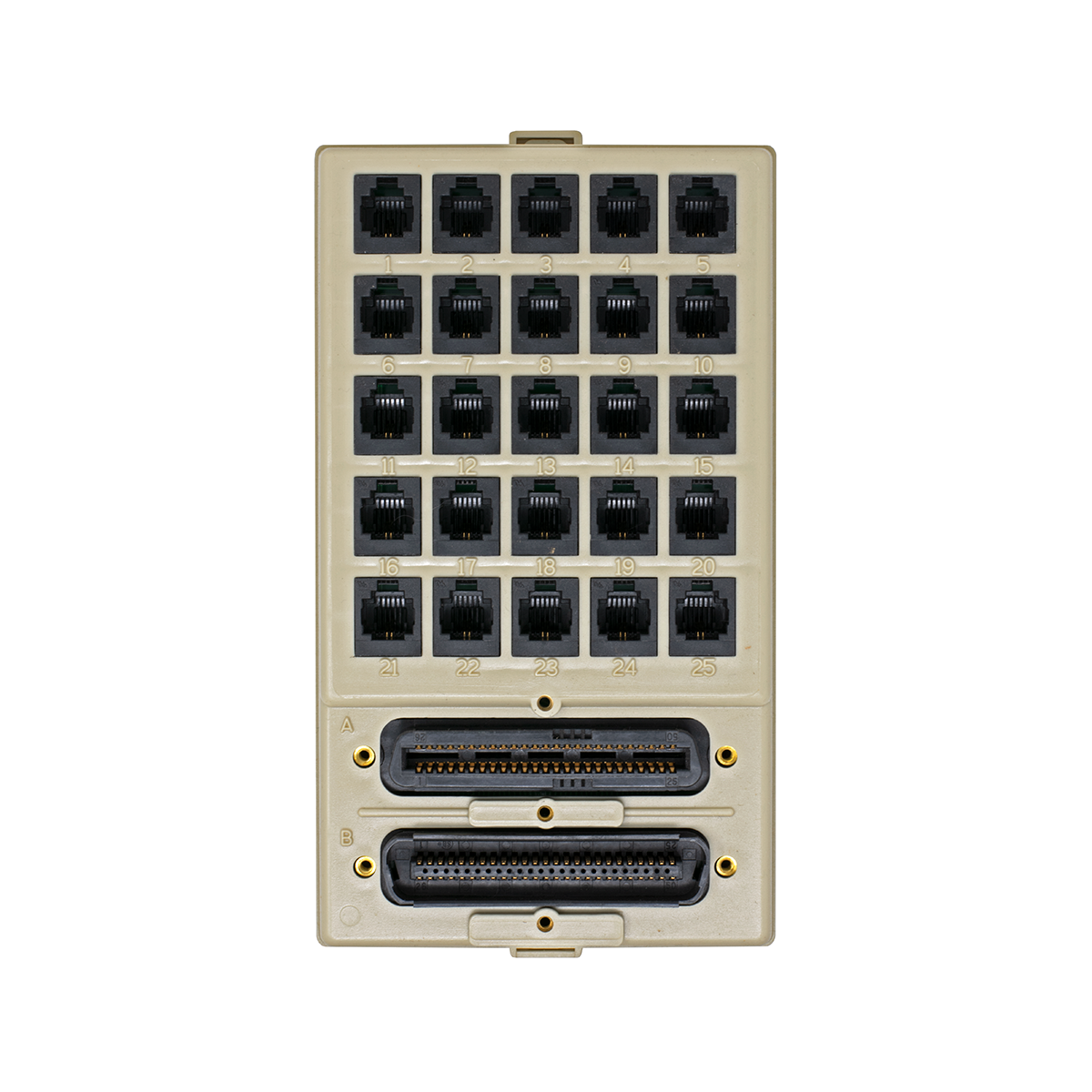25 Port 1 Pair RJ-11 Jack Panel with Male and Female Amp (Front View)